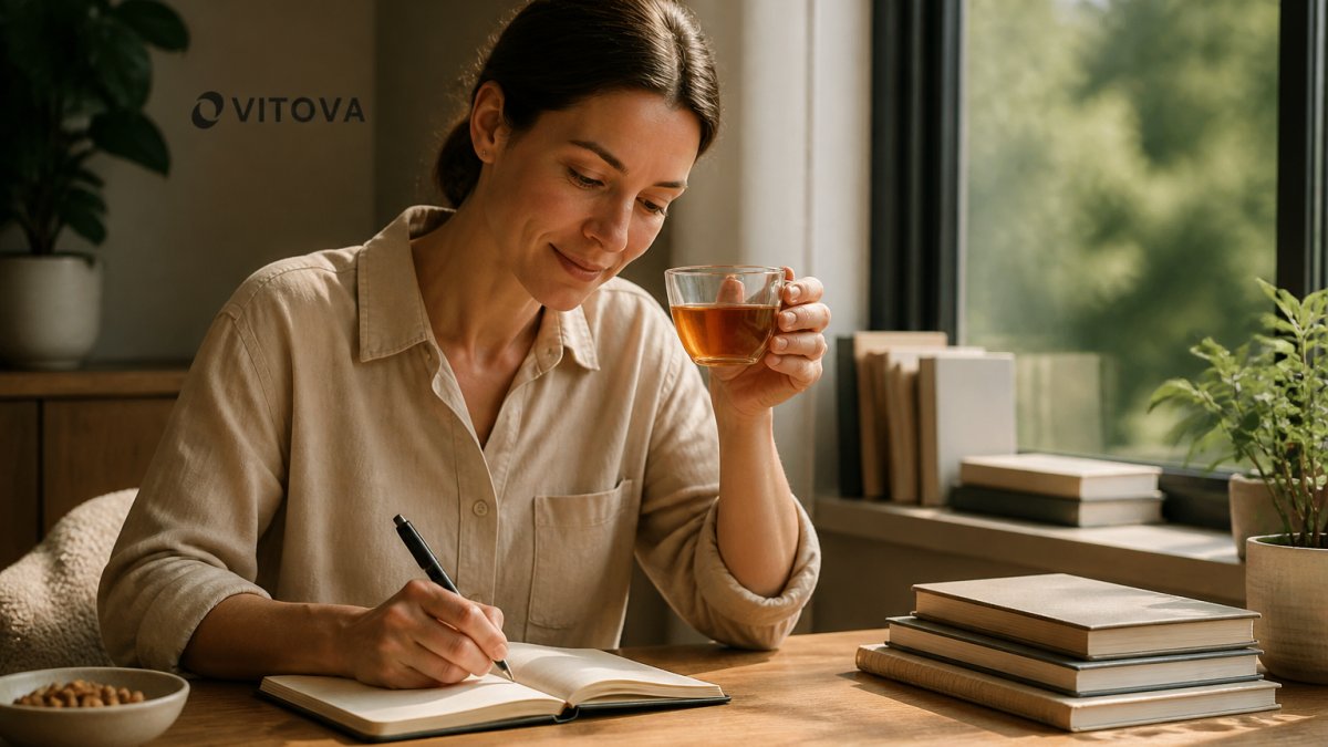 Focused professional sitting at a desk with a warm cup of tea in natural sunlight