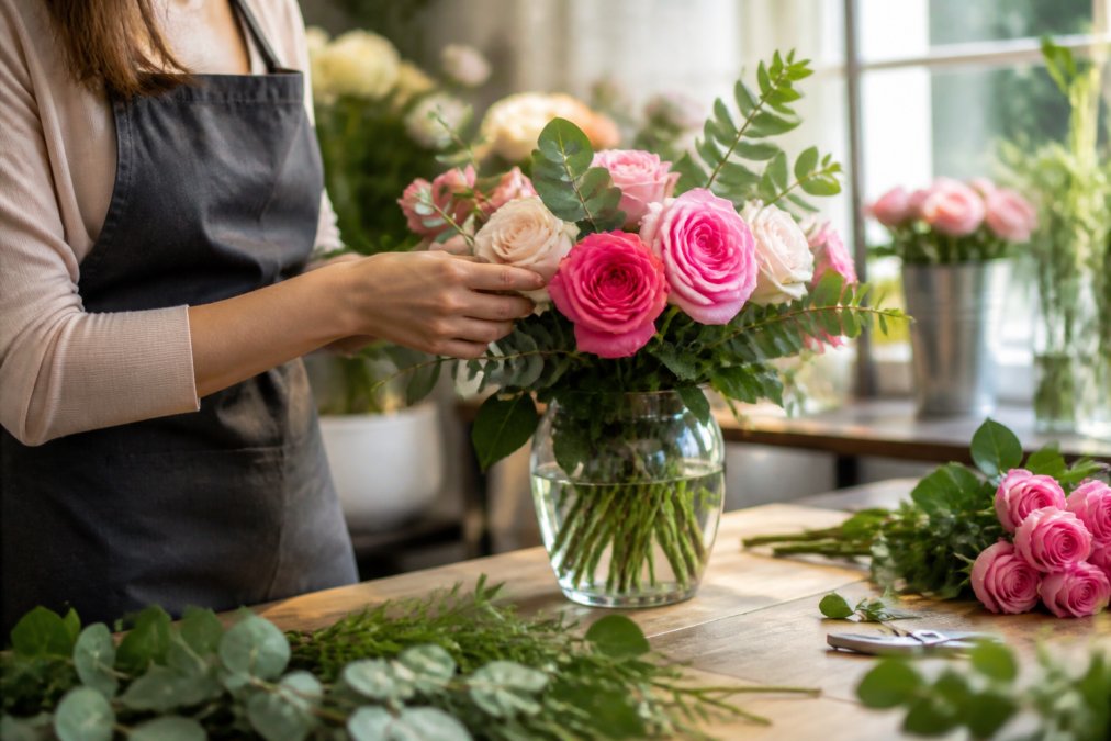 Professional florist's hands arranging fresh roses and greenery in a clear glass vase on a wooden work table, with natural morning light illuminating the vibrant blooms and scattered stems