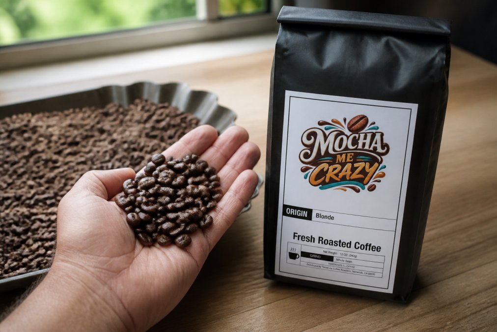 Close-up of freshly roasted whole coffee beans with visible oil sheen and rich dark color, held in a hand against natural window light, compared to duller older beans in the background