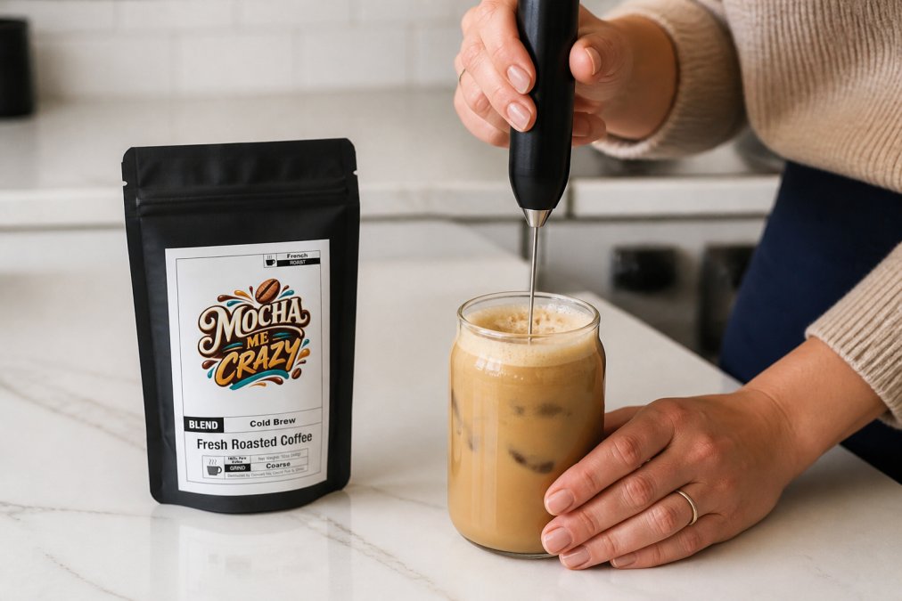 Hands using a handheld milk frother to create micro-foam on a glass of cold brew coffee with oat milk, showing the frothy texture being created in natural kitchen lighting