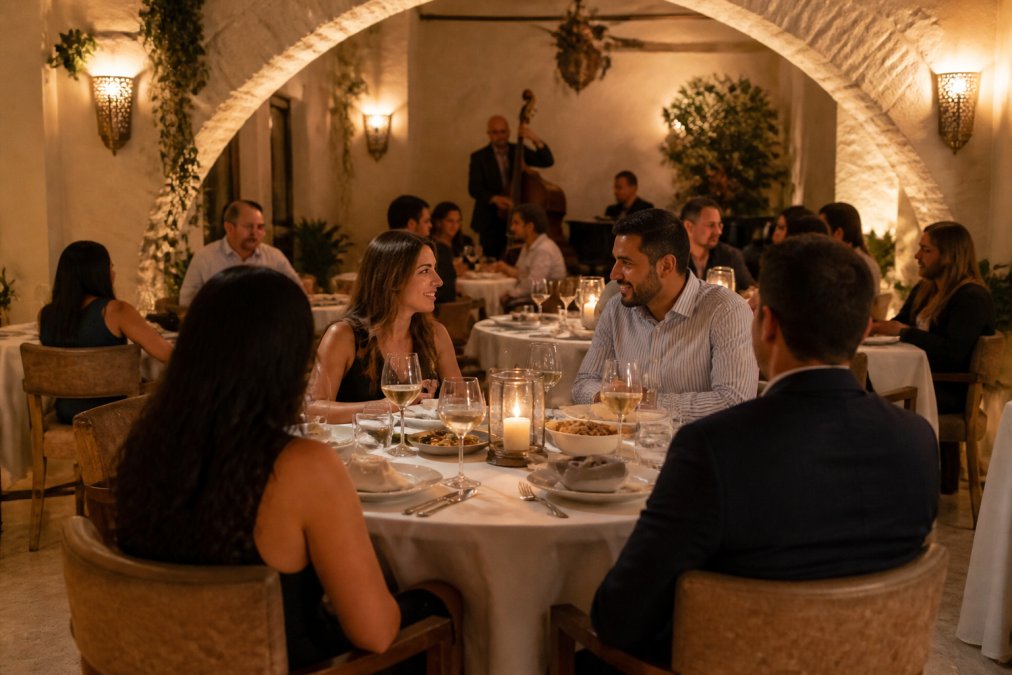 Intimate upscale Mediterranean dining room with warm golden lighting from wall sconces, elegantly set tables with white linens and wine glasses, diners in sophisticated attire enjoying conversation in a refined setting with Mediterranean-inspired stone archways and soft background jazz music creating an atmosphere of refined hospitality