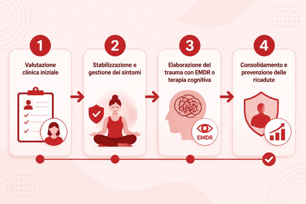 Diagramma del percorso in quattro fasi per la terapia per trauma e il trattamento integrato delle dipendenze.