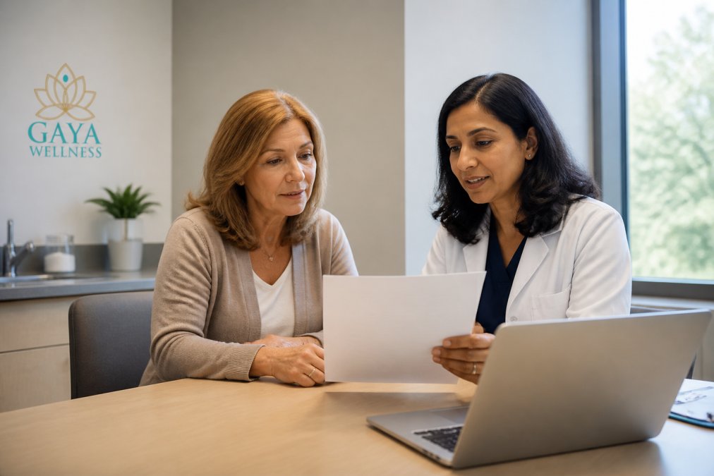 A woman in her 50s meeting with a female healthcare provider in a modern clinic setting, reviewing lab results together at a desk with a laptop visible