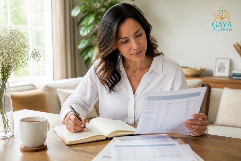 A woman writing notes in a health journal while holding a printed lab report, sitting at home with a cup of tea nearby