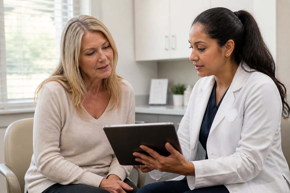 A woman in her fifties reviewing lab results on a tablet with a healthcare provider in a bright, modern consultation room, both looking at the screen with focused expressions