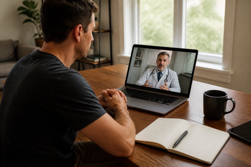 Man sitting at home on a laptop during a virtual medical consultation with a healthcare provider visible on the computer screen, natural window lighting in background