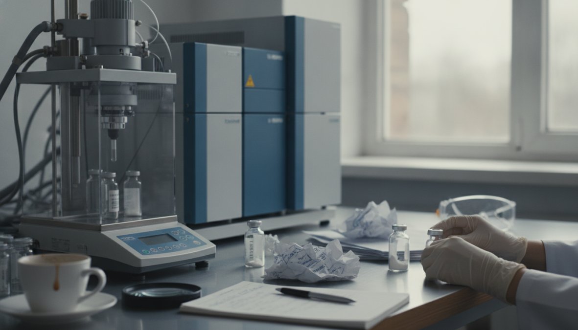 Close-up of laboratory technician examining a peptide vial under controlled lighting in a sterile research environment, with HPLC equipment visible in the background