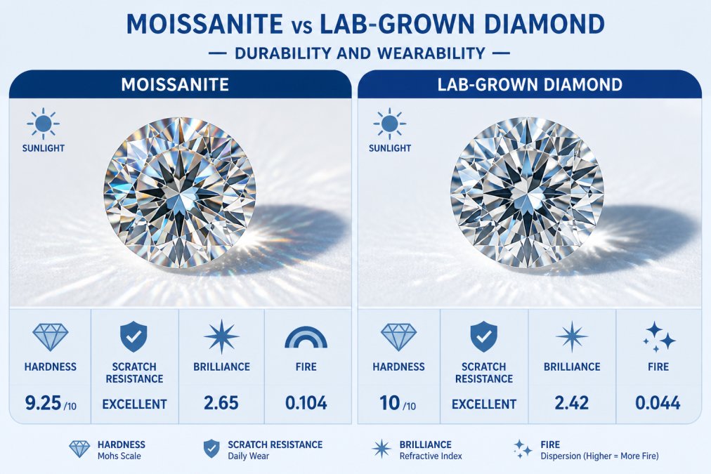 Close-up of moissanite and lab-grown diamond side by side under natural sunlight, showing distinct sparkle patterns and light refraction differences on a white surface