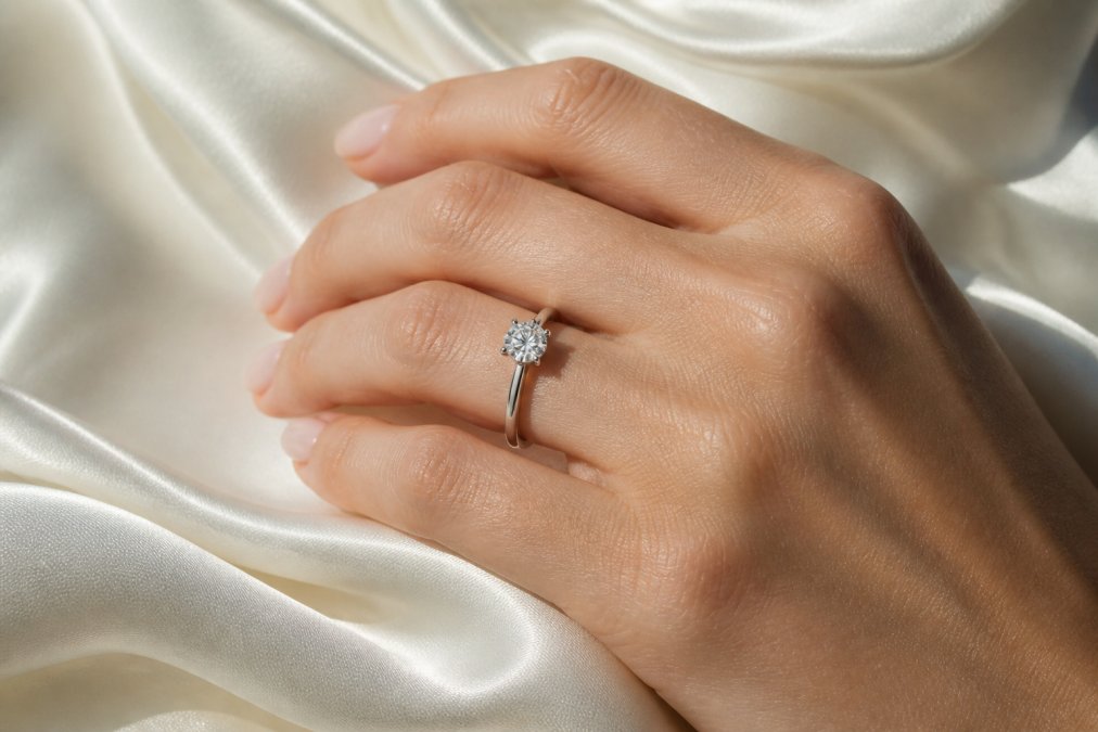 An elegant close-up photograph of a hand wearing a solitaire lab grown diamond engagement ring, resting on soft ivory silk fabric in warm natural light