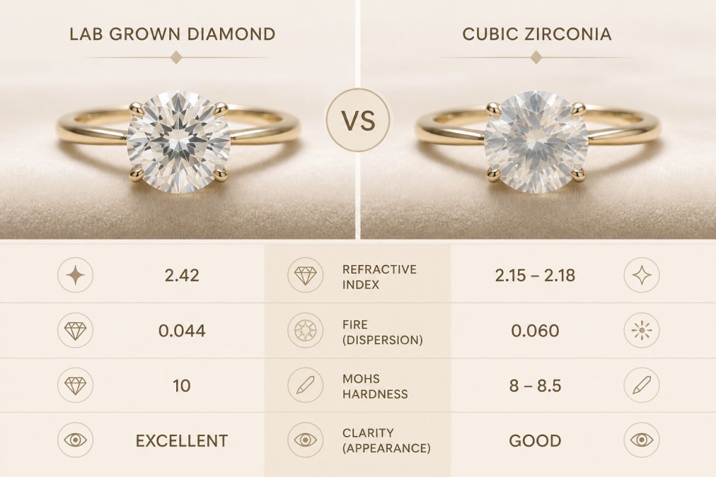 Close-up of two rings side by side on a neutral velvet surface, one with a brilliant round stone catching sharp white light and one with a slightly hazy stone showing muted sparkle