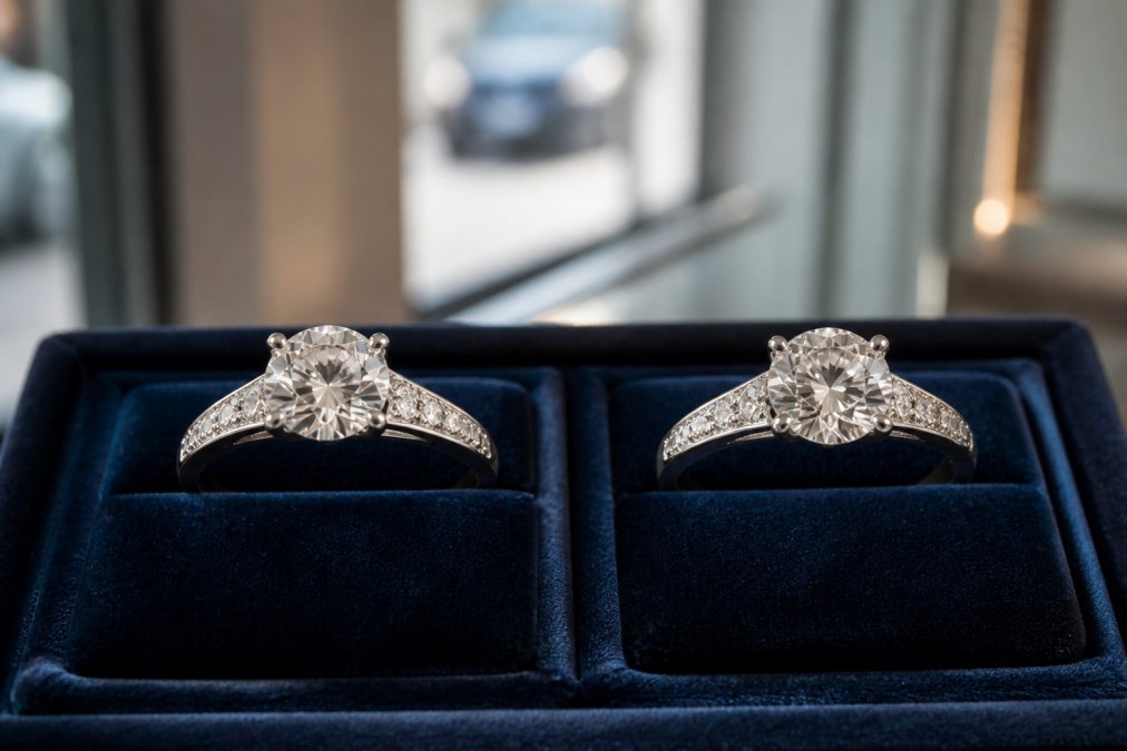 Two elegant diamond rings side by side on a velvet jeweler's display, one labeled as lab-grown and one as mined, photographed in soft natural window light