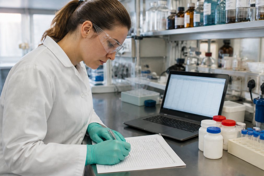 A laboratory technician in a white coat writing reagent stock levels onto a paper checklist beside a laptop showing a blank spreadsheet on a stainless steel bench