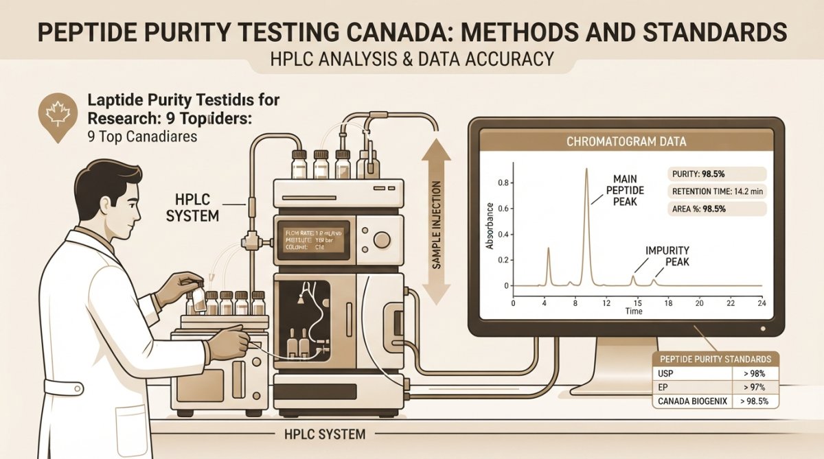 Laboratory technician operating HPLC equipment with sample vials and computer display showing chromatogram data with multiple analytical peaks