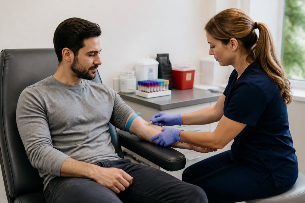 Man sitting in a medical phlebotomy chair with a healthcare professional preparing to draw blood from his arm in a calm, professional clinical environment with natural lighting