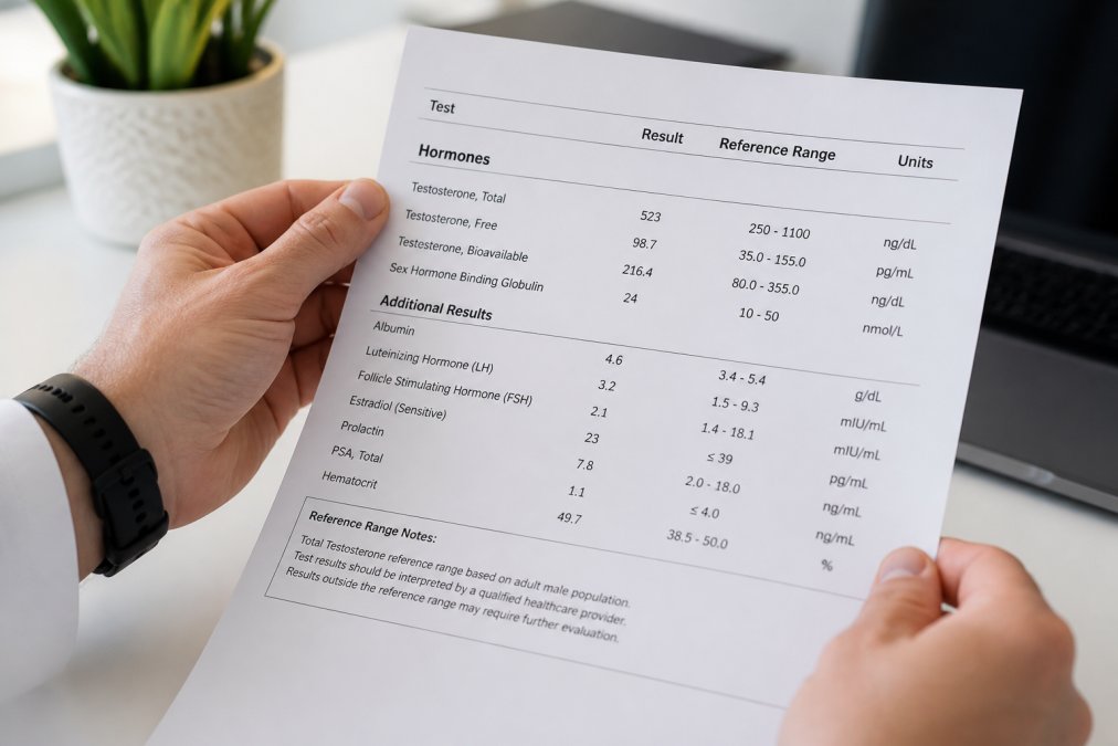 Close-up of hands holding a printed lab report showing testosterone test results with reference ranges and numerical values clearly visible on the document