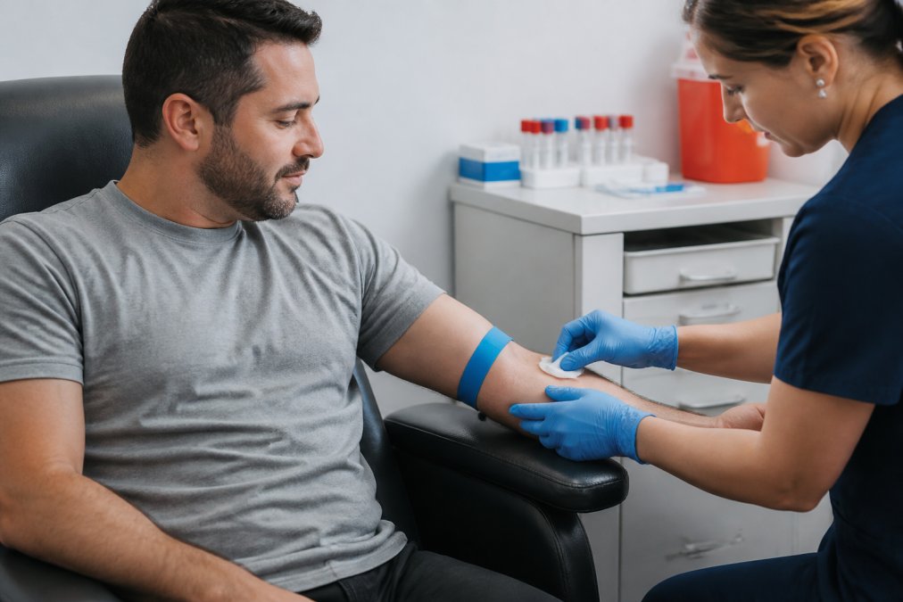 Professional phlebotomist preparing patient's arm for blood draw in clinical setting with proper lighting and sterile equipment visible