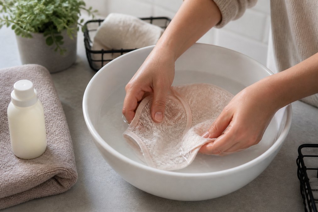 Close-up of hands gently washing delicate lace lingerie in cool water with specialized detergent in a white ceramic basin
