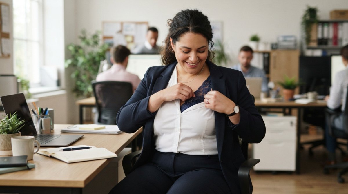 Woman in professional office attire adjusting a lace bra under a fitted white blouse, showing comfort and proper fit during everyday work, natural office lighting