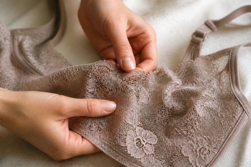 Close-up of a woman's hands gently touching soft floral lace fabric on a lingerie set, showing texture and detail in natural light