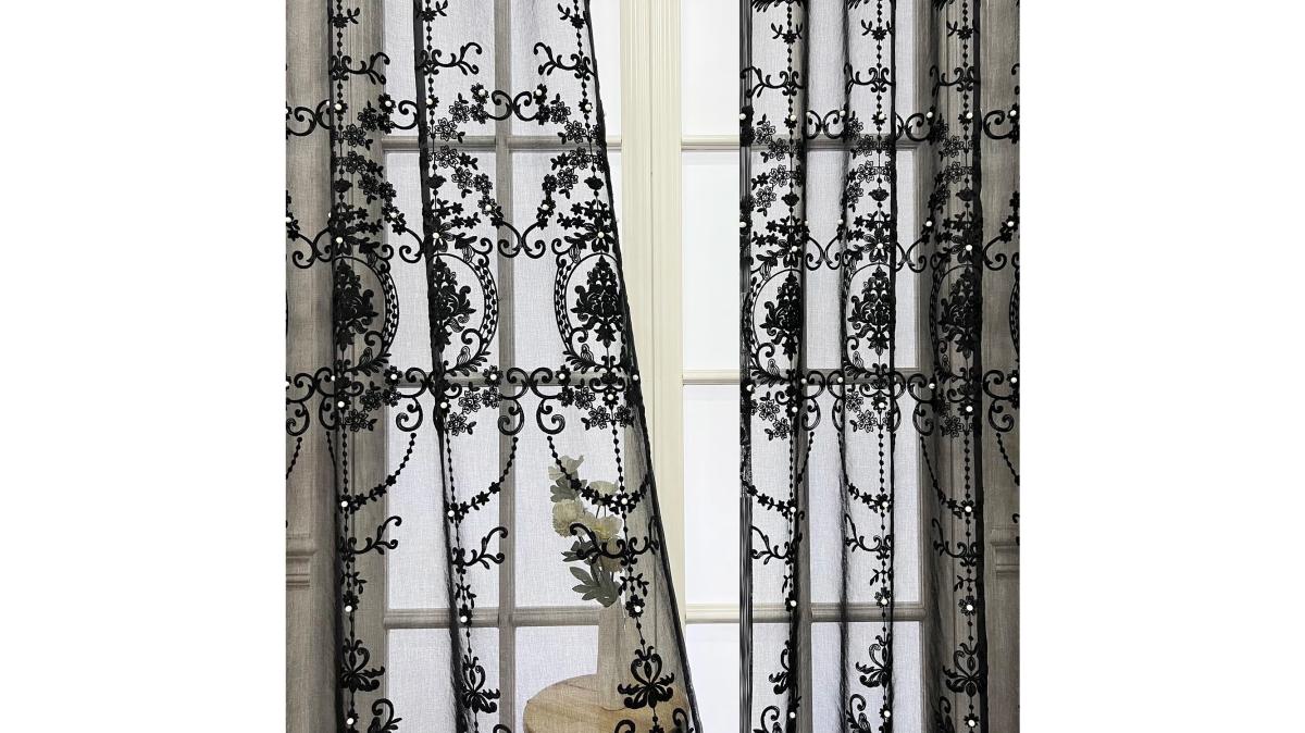 Lace Pearl French Embroidery Black Sheer Window Curtains
