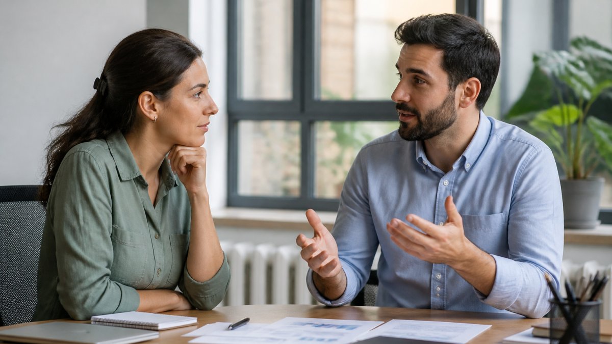 Two colleagues having a constructive conversation in a bright office to address a lack of behavioural skills.