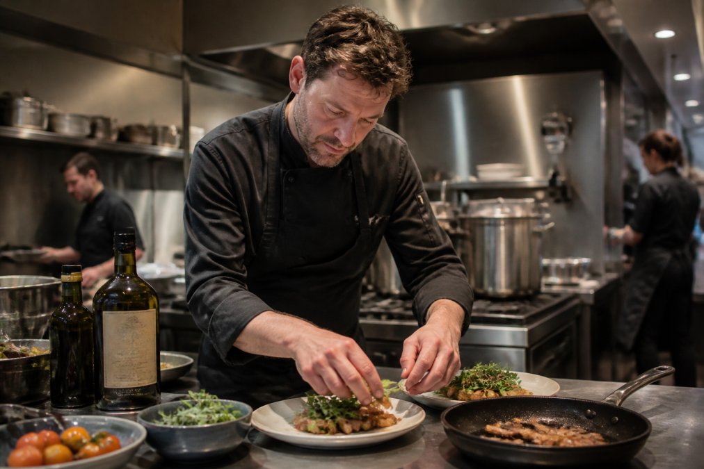 Een professionele chef die plantaardige vleesvervangers voorbereidt in een drukke restaurantkeuken, met ingrediënten en gereedschap zichtbaar