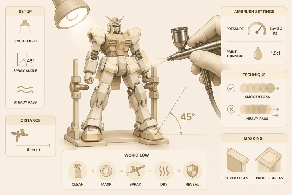 Close-up of an airbrush spraying fine mist of paint onto a Gundam model kit positioned at proper 45-degree angle under bright work light, model held in painting jig with masking tape visible