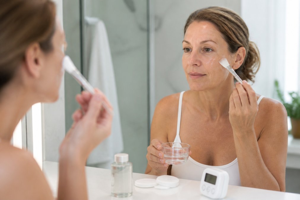 A woman in her 40s applying a clear skincare solution to her face with a small fan brush in a clean bathroom, cotton pads and a timer on the counter nearby