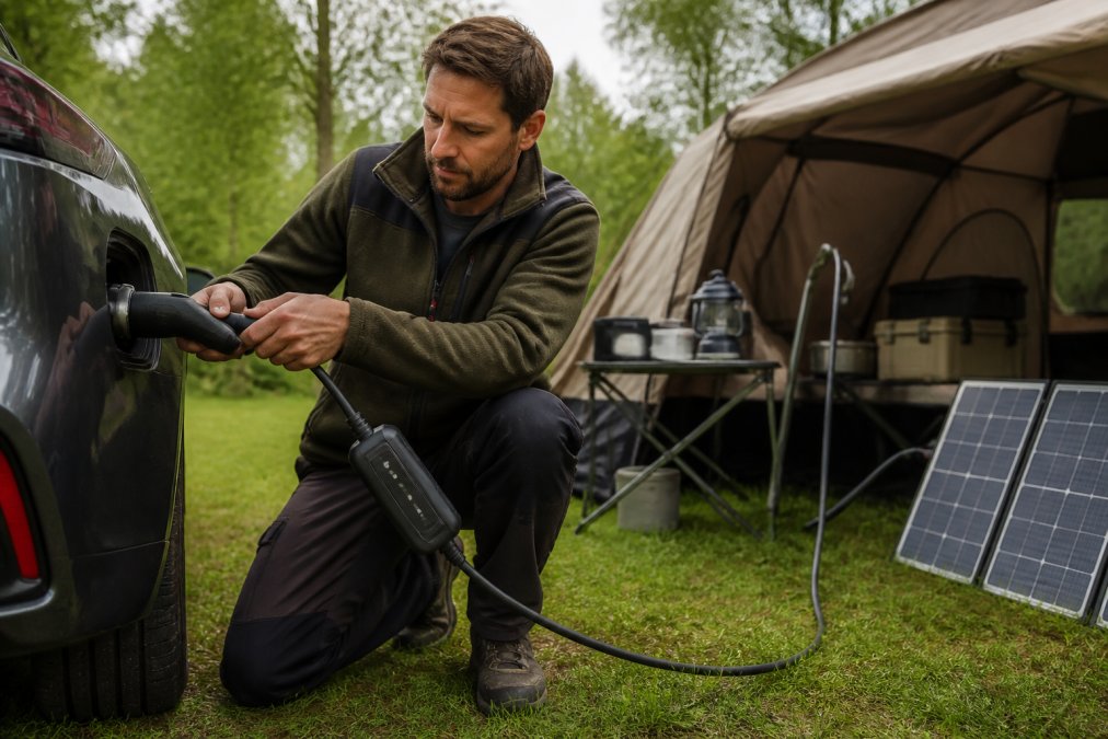 Man ansluter en typ 2 V2L-adapter från en elbil till ett campingtält på landsbygden, med solpaneler och campingutrustning synliga i bakgrunden.