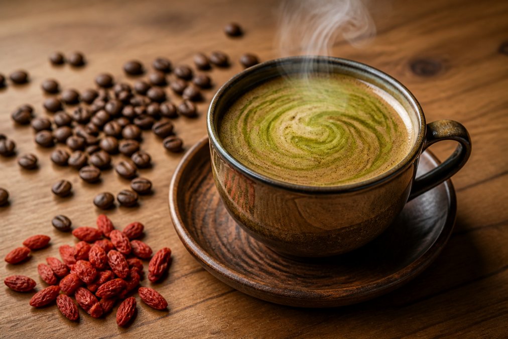 Close-up of a steaming cup of fusion coffee with visible matcha-colored swirl, whole coffee beans scattered on a wooden surface, and fresh goji berries beside the cup