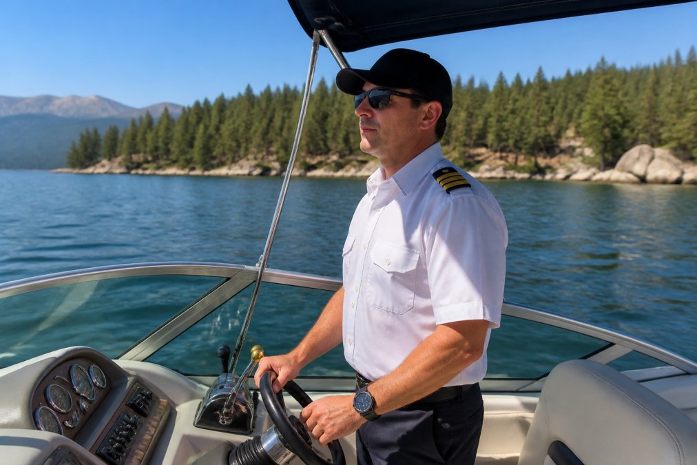 USCG-licensed captain in professional uniform standing at the helm of a boat, hands on steering wheel, focused expression, calm Lake Tahoe waters and forested shoreline visible behind
