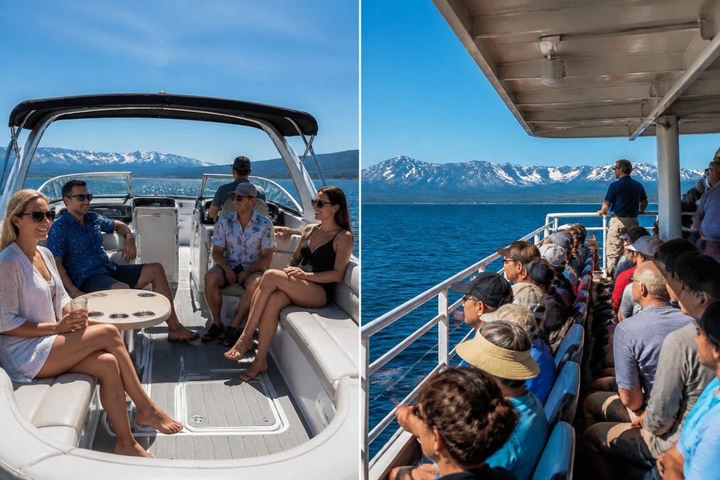 Small group of six people relaxing on a spacious private boat deck with clear blue lake water and snow-capped mountain views in the background, captain steering in the distance