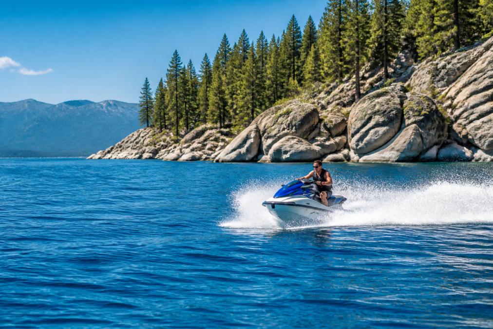 Person on a jet ski accelerating across bright blue Lake Tahoe water with rocky granite shoreline and dense evergreen forest visible on the shore, morning sunlight reflecting off the water
