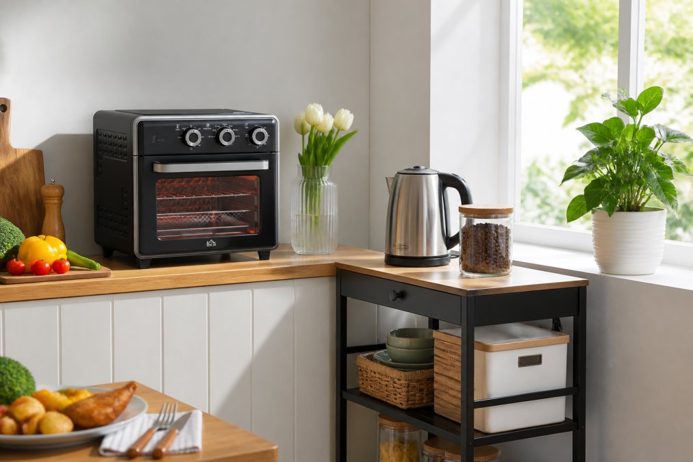 Modern compact kitchen with air fryer, kettle, and storage trolley neatly arranged on limited worktop space, natural daylight streaming through window