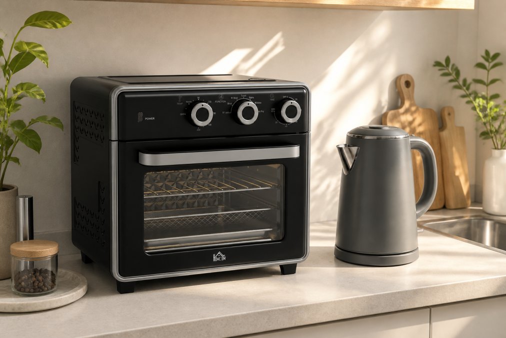 Compact air fryer and rapid-boil kettle displayed side by side on a narrow kitchen counter with minimal worktop space, afternoon sunlight highlighting the sleek grey finish, small flat interior visible