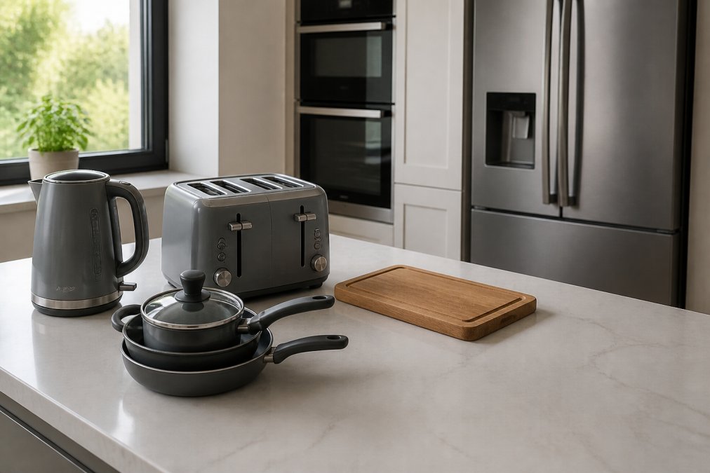 A bright modern kitchen countertop with a matching grey kettle and four-slice toaster set alongside a small stack of cookware and a wooden chopping board, natural daylight from a window