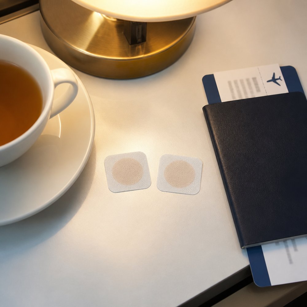 Overhead shot of two small transdermal patches on a white hotel desk beside a passport, a boarding pass, and a cup of tea under warm lamp light