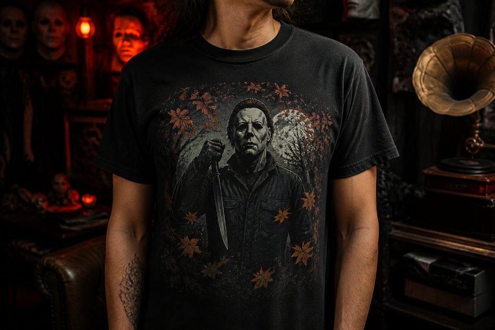 Close-up of a person wearing a dark graphic t-shirt with a horror-themed character design, standing in a dimly lit room with atmospheric red lighting and vintage spooky decor in the background