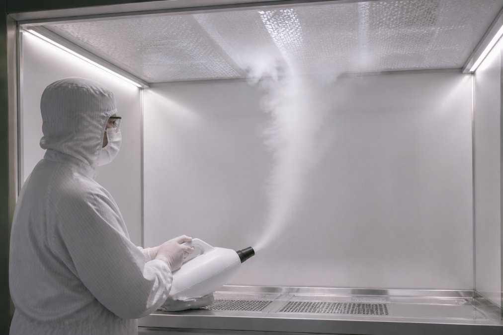 Technician performing smoke study in a cleanroom, holding a cold-type aerosol generator while observing unidirectional airflow pattern with smoke plume moving downward in controlled manner toward exhaust ports
