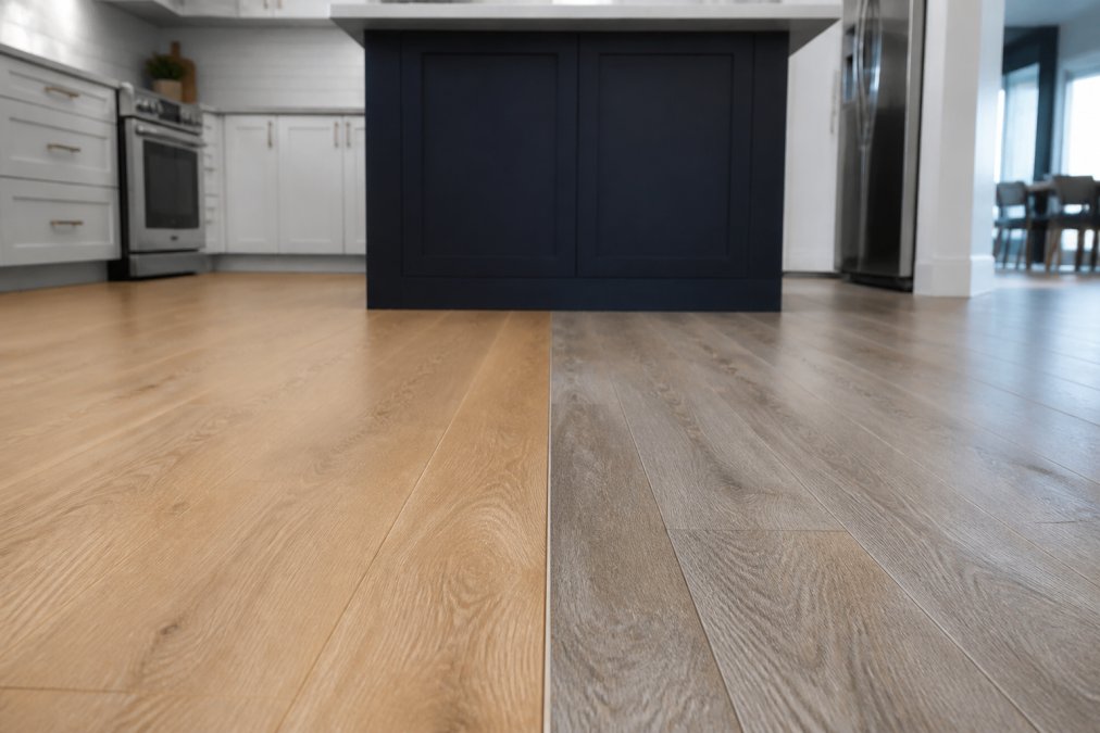 Side-by-side comparison of light oak hardwood and wood-look laminate for a kitchen flooring laminate vs hardwood guide.