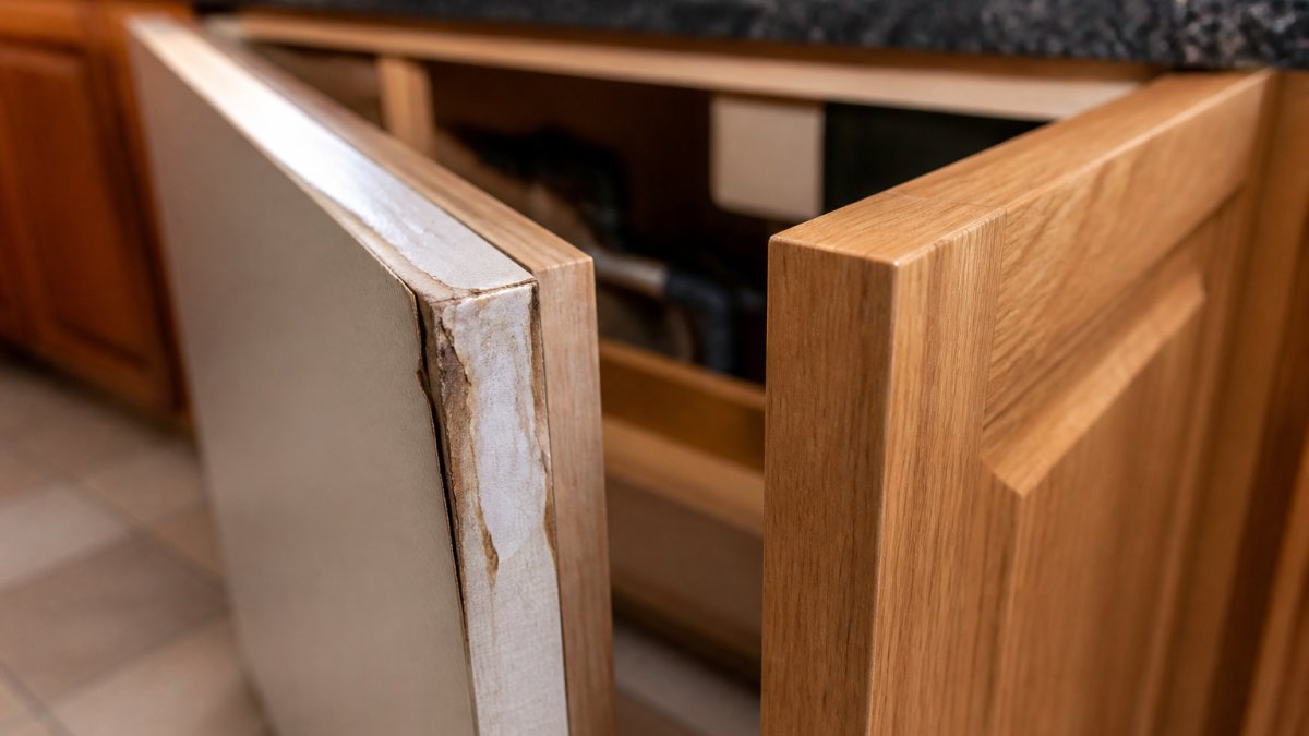Close-up photograph of a kitchen cabinet door edge showing water damage and swelling on a laminate surface next to a solid wood door with natural grain, under warm kitchen lighting