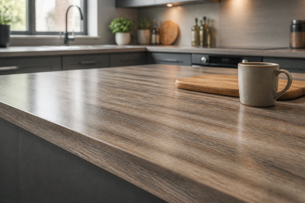 Close-up of a modern laminate worktop in a contemporary kitchen with warm lighting, showing texture and gloss finish with a coffee mug and cutting board on the surface