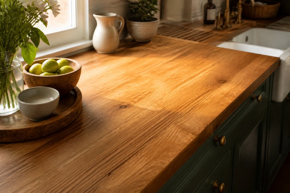 Detail shot of a natural solid wood worktop with visible grain patterns and warm honey tones, morning light streaming across the surface in a traditional kitchen with vintage accessories