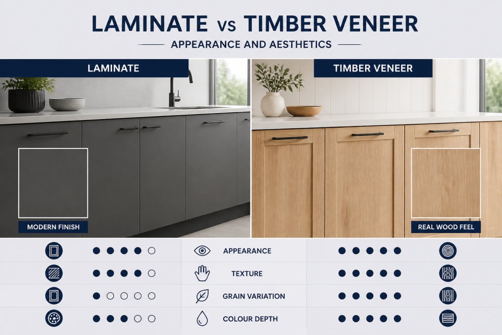 Professional comparing laminate vs timber veneer cabinet doors in a sunlit kitchen to highlight texture differences.