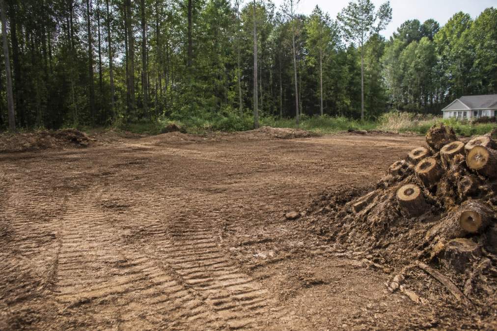 A cleared residential lot showing freshly graded soil, removed stumps stacked to the side, and clean property ready for construction or landscaping