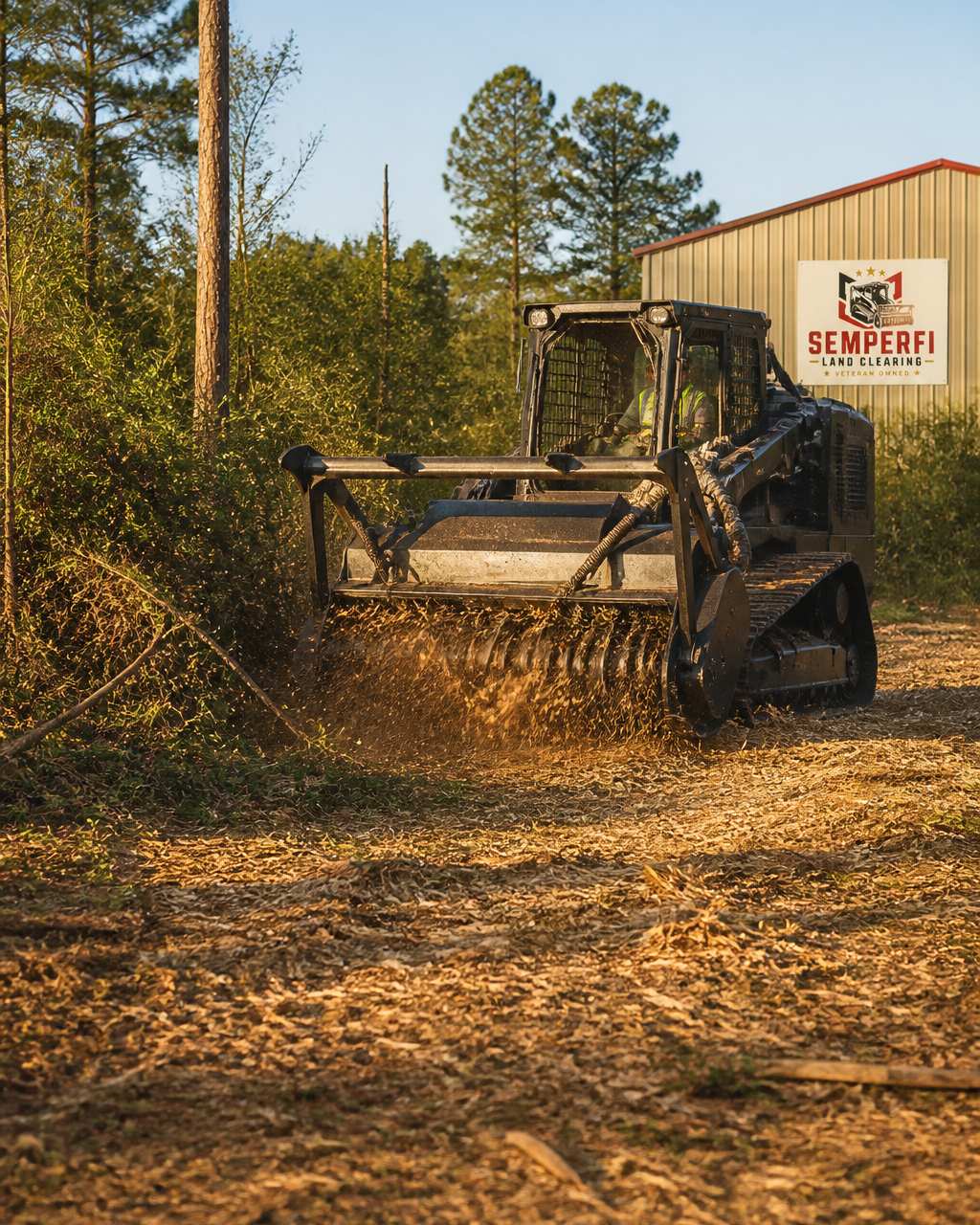 A tracked forestry mulcher working through thick East Texas brush, mulched material spreading evenly across the ground, operator visible in the cab, late afternoon light