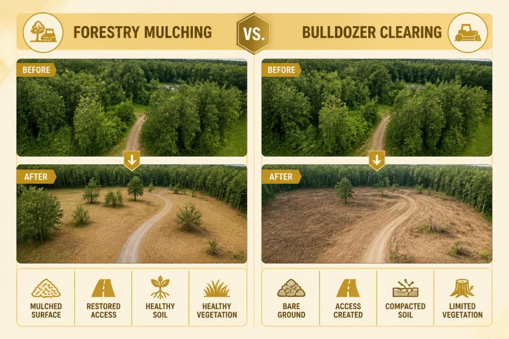 Before and after aerial view of cleared Appomattox property showing mulched ground surface with restored access road, healthy soil condition, and native vegetation management compared to overgrown starting state