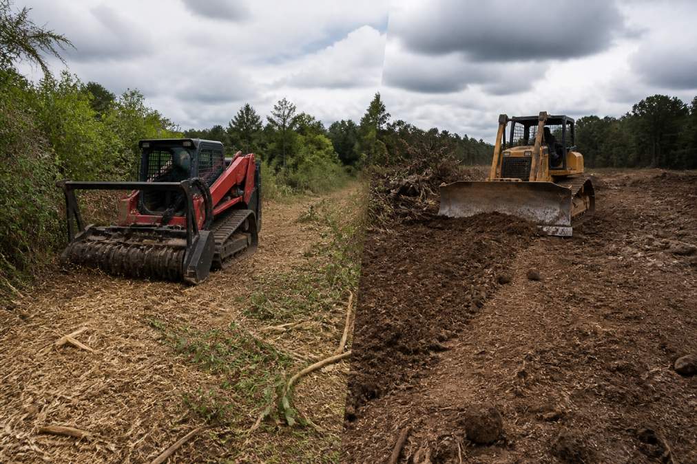 A forestry mulcher attachment on a skid steer clearing thick brush on a rural hobby farm, cut vegetation and fresh mulch left on the ground behind the machine under overcast afternoon light