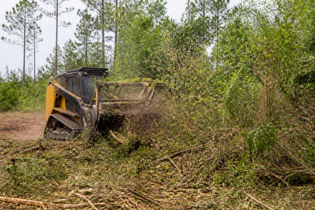 Heavy forestry mulching equipment actively working through dense brush and overgrown vegetation on a cleared property, showing the scale of land clearing machinery removing thick underbrush in East Texas terrain