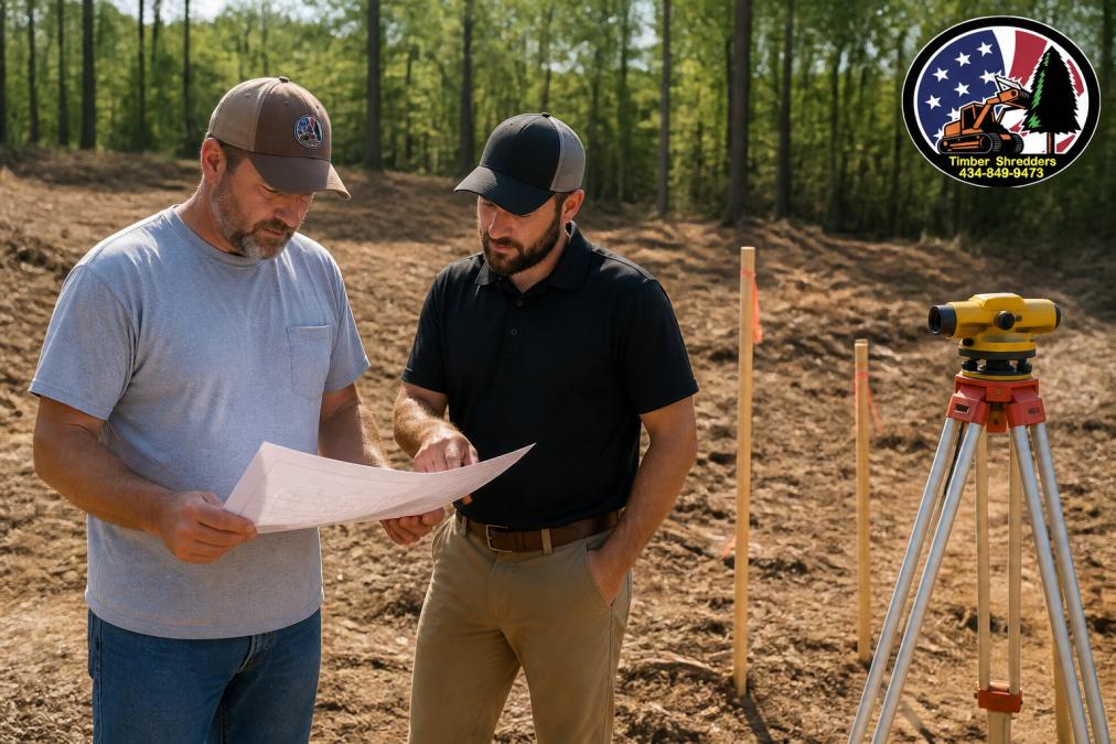 Property owner reviewing site plan documents and surveying their land with measuring equipment, standing on cleared property with survey stakes visible, natural outdoor lighting